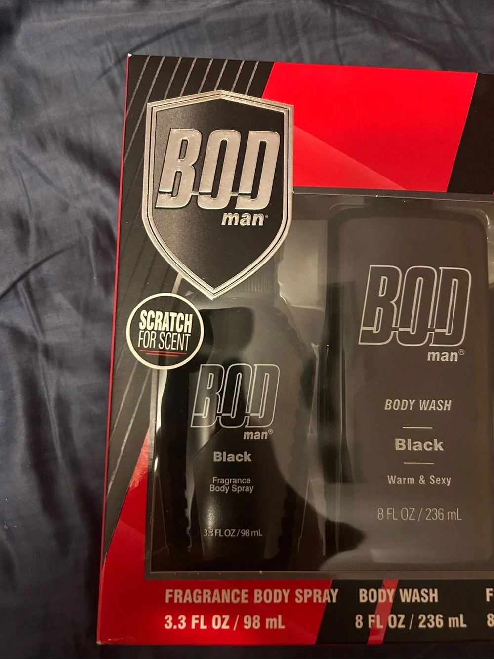 BOD Man BLACK Sport Pak; Shampool 8 oz, Body Wash 8 oz, Body Sprays 8oz & 3.5
